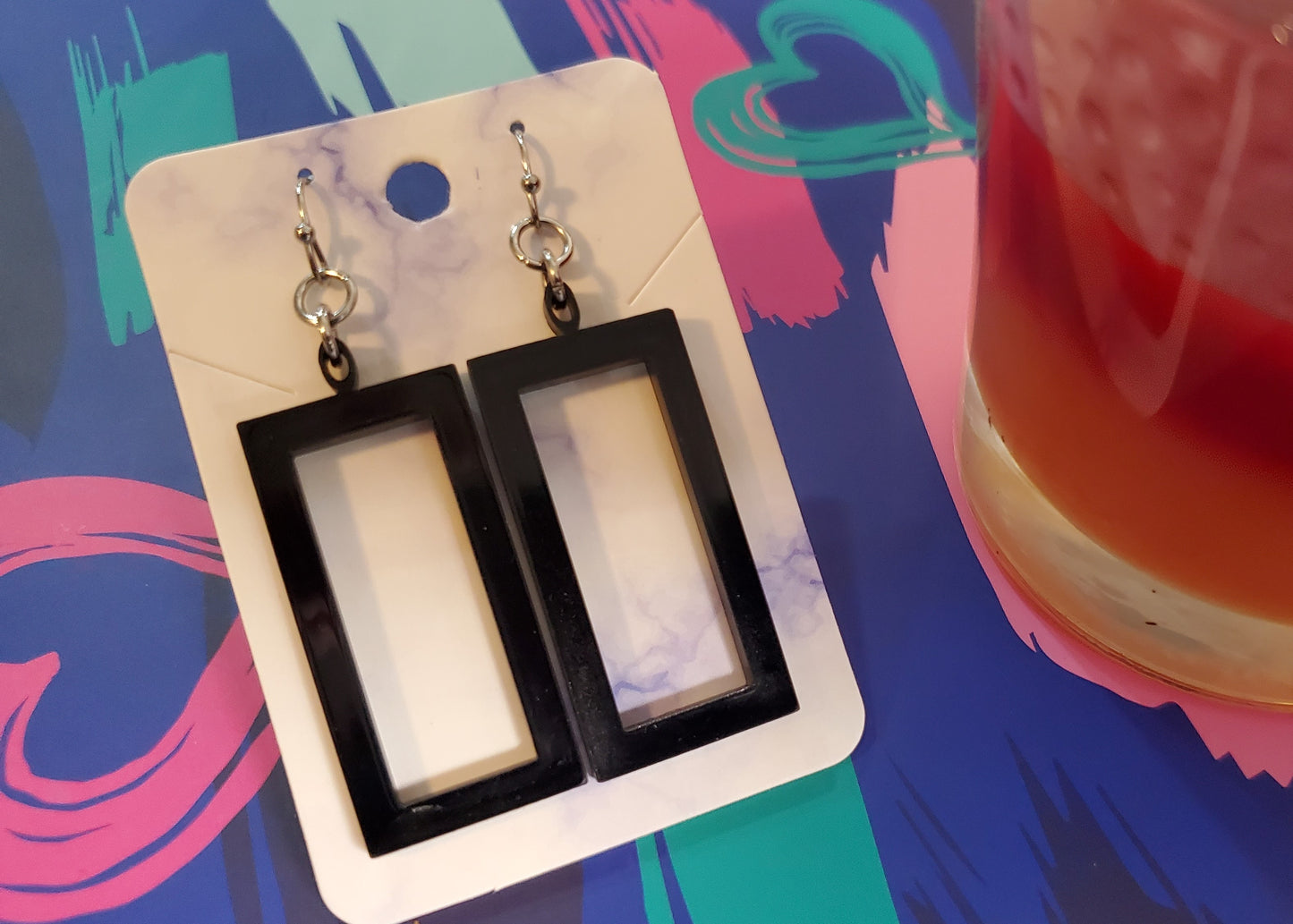 Black Rectangle Earrings, Acrylic, Dangle Earrings with Stainless Steel Hooks, Retro Style, Geometric Earrings