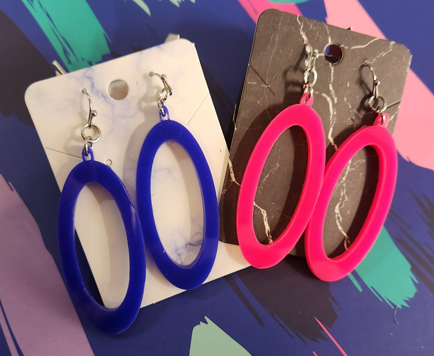 Acrylic Oval Earrings, Acrylic Dangle Earrings, Geometric, Retro, Fashion, Blue Dangle, Pink Dangle, Blue Oval Earrings, Pink Oval Earrings,